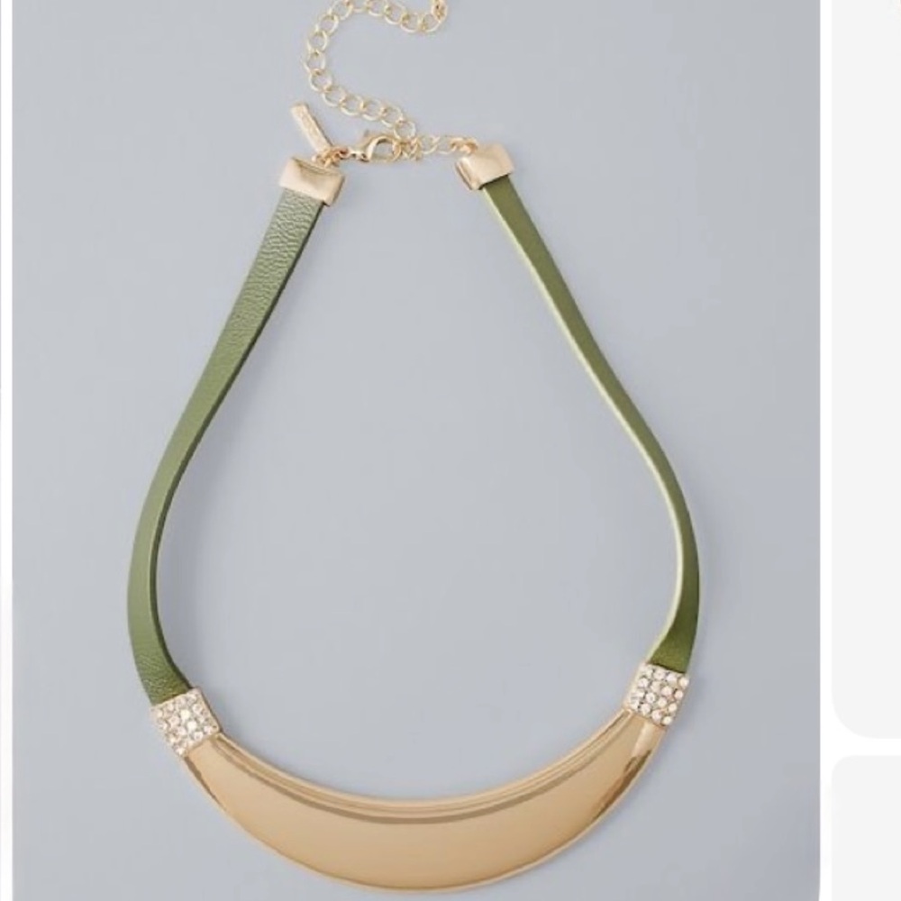 WHBM OLIVE LEATHER & GOLD METAL COLLAR NECKLACE